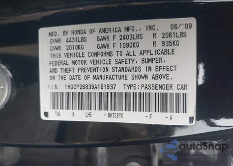 2009 Honda Accord 2.4 Ex-L from USA, damaged, VIN 1HGCP26839A161937